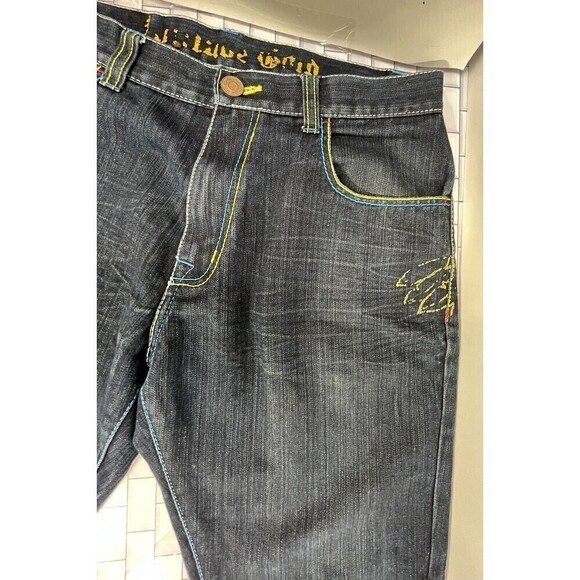 VTG Attitude Gold Baggy Denim Hip Hop Straight Cut Off Shorts Mens Sz 34x15 - Picture 3 of 13